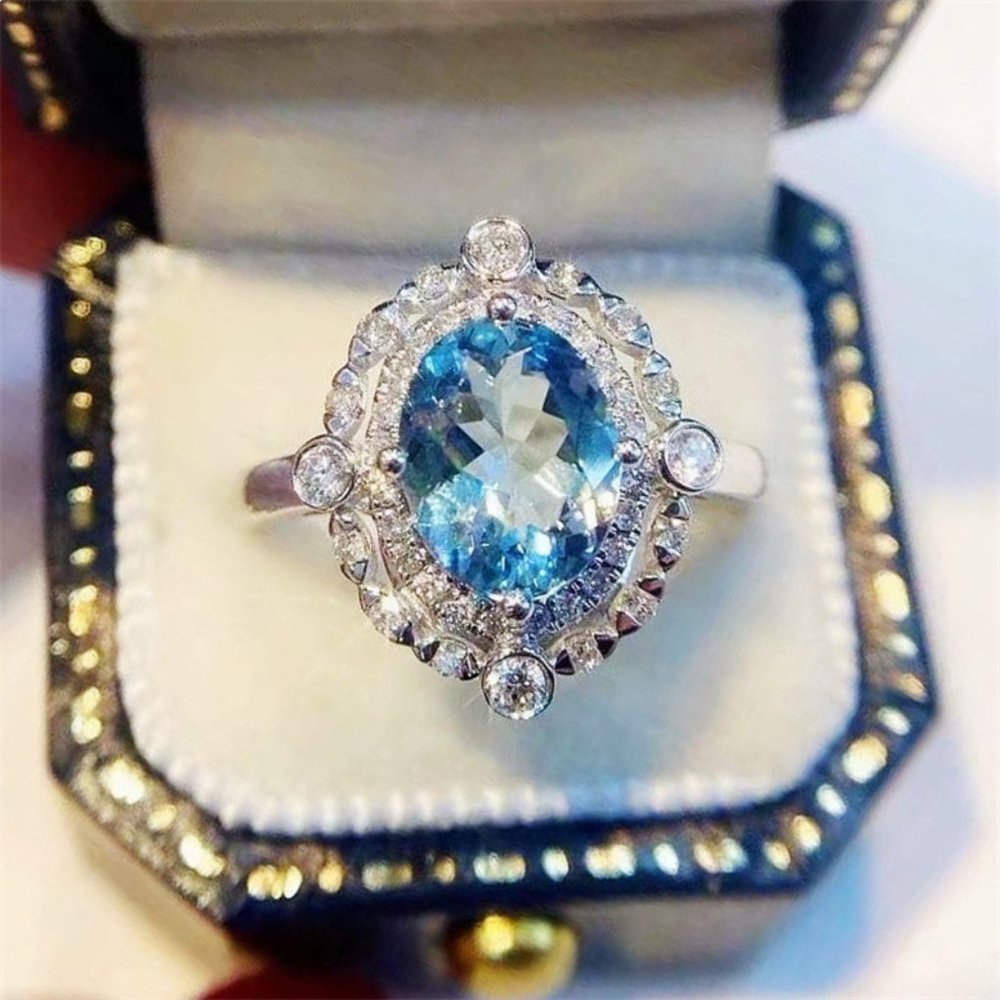 ⚡  925 Silver Plated Sea Blue Oval Shaped CZ Ring for Women, FB16FA1034
